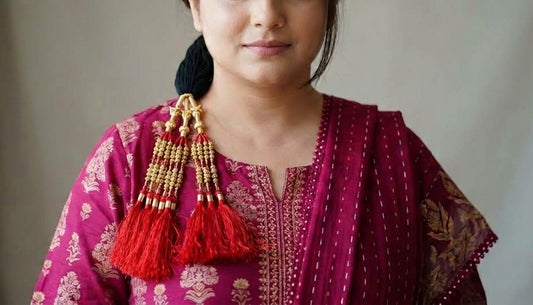 Premium Handcrafted Crimson Red & Gold Paranda – Traditional Punjabi Braid Extension with Silk Tassels