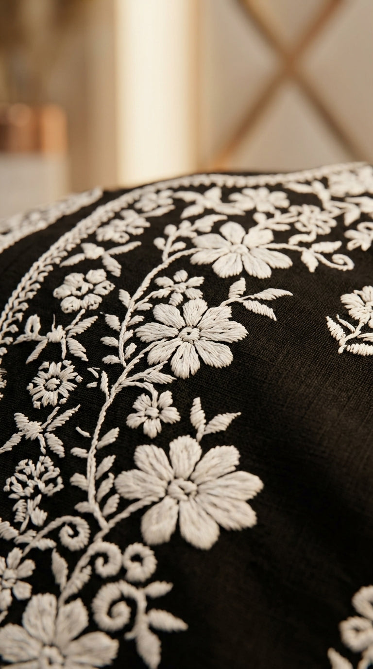 Jet Black Lawn Kurti Set with Off-White Kashmiri Floral Embroidery