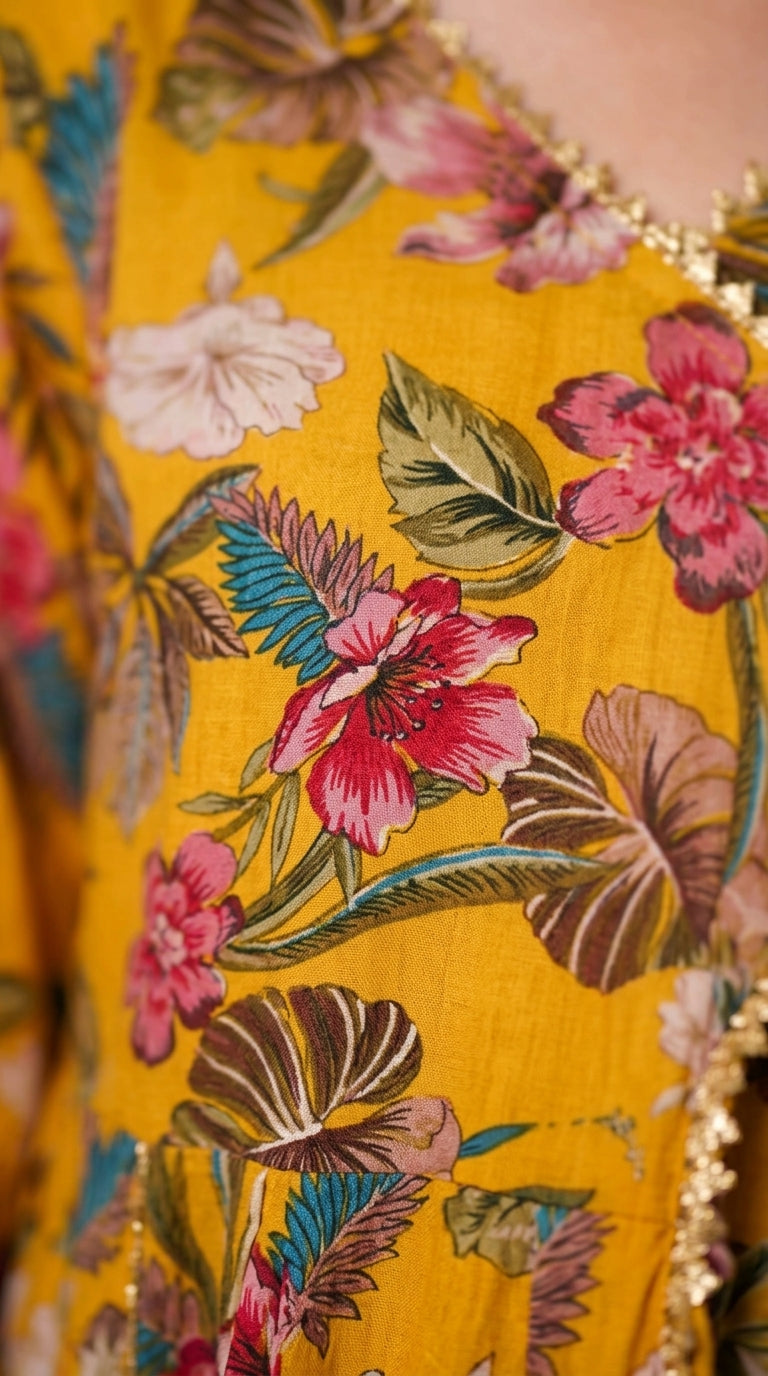 Mustard Yellow Floral Printed Cotton Angrakha Anarkali Gown with Tassels
