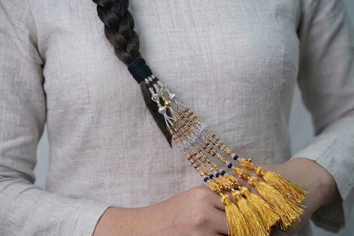 Premium Royal Golden Pearl & Beaded Paranda – Handcrafted Ethnic Hair Accessory with Silk Tassels