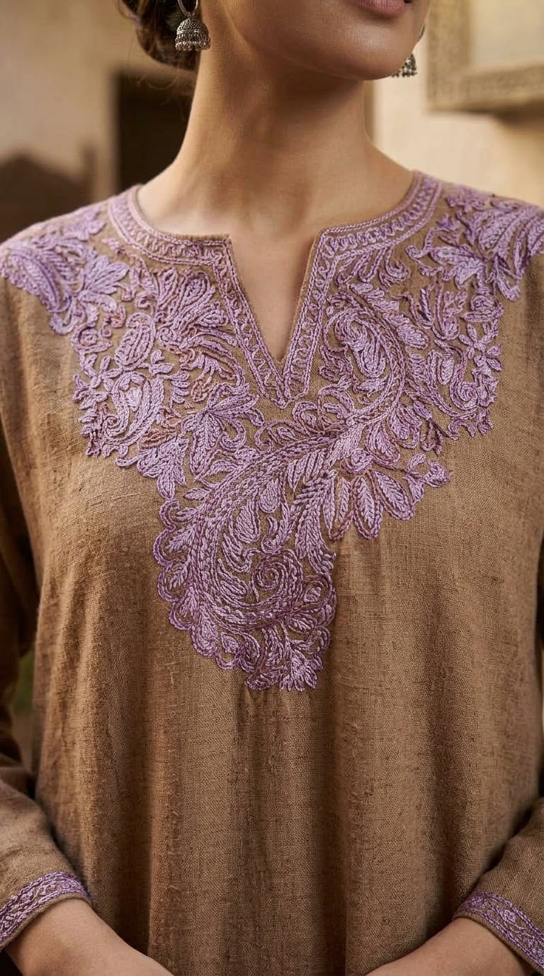 Camel Beige Linen Kurti with Lilac & Lavender Kashmiri Paisley Embroidery