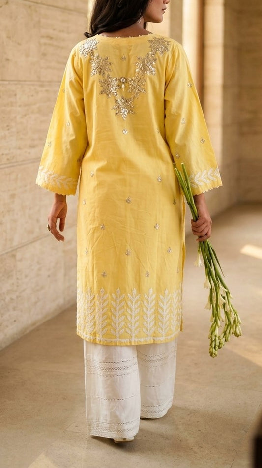 Soft Lemon Yellow Lawn Kurti Set with Silver Sequin Work & White Embroidered Border