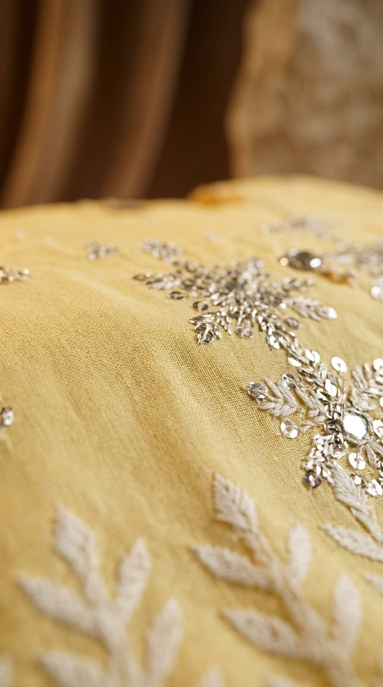 Soft Lemon Yellow Lawn Kurti Set with Silver Sequin Work & White Embroidered Border