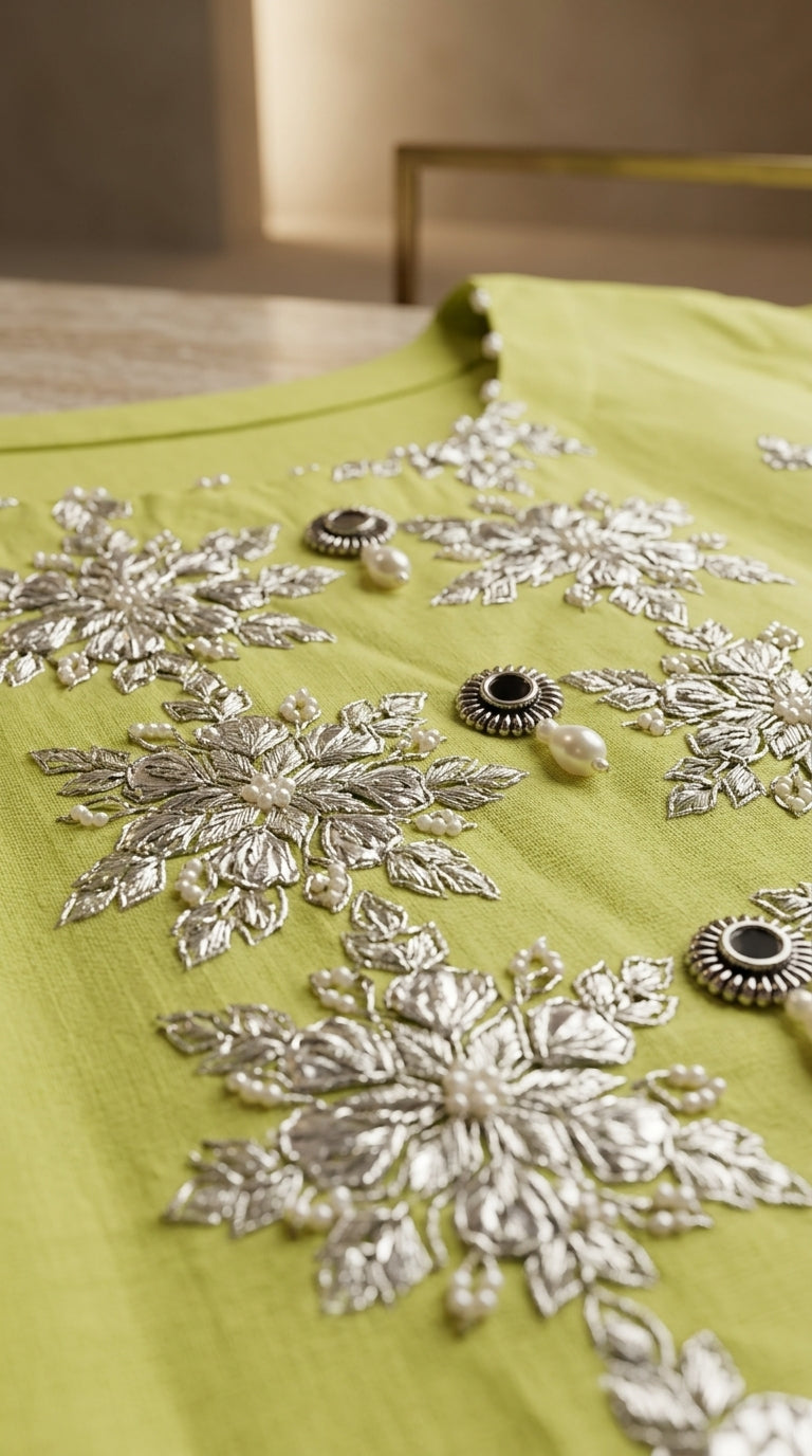 Bright Lime Green Lawn Kurti Set with Silver Gota Starburst Yoke & White Leaf Embroidery