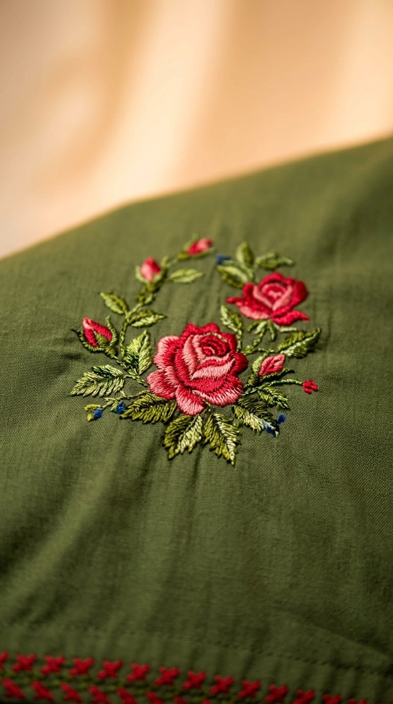 Olive Green Lawn Cotton Kurti with Pink Cross-Stitch Floral Rose Embroidery