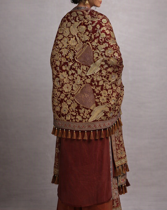 Luxury Handcrafted Deep Red Kashmiri Shawl – Dense Gold Floral & Urn Needlework Embroidery