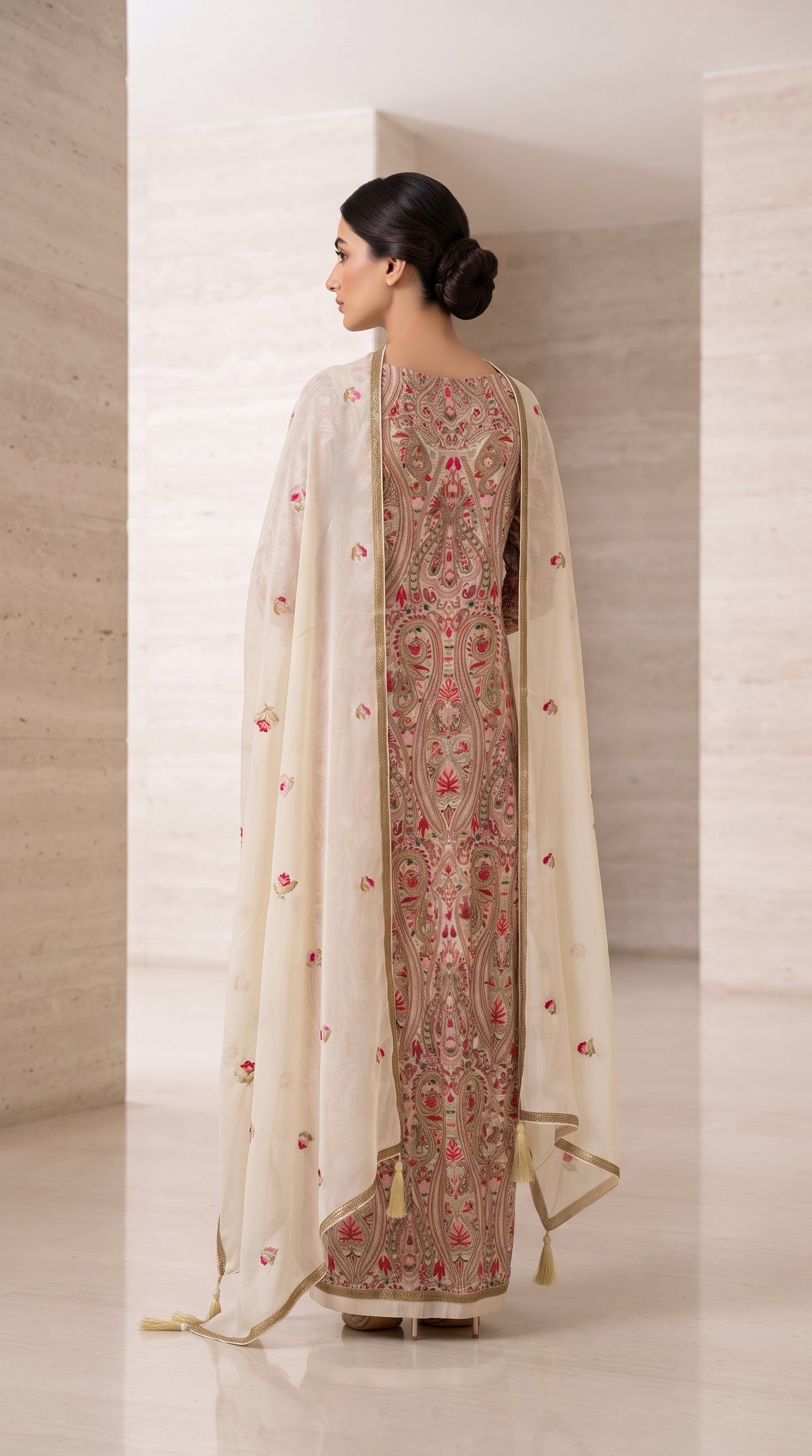 Luxury Ivory Pure Silk Chiffon Suit with Kashmiri Paisley Embroidery for Ladies