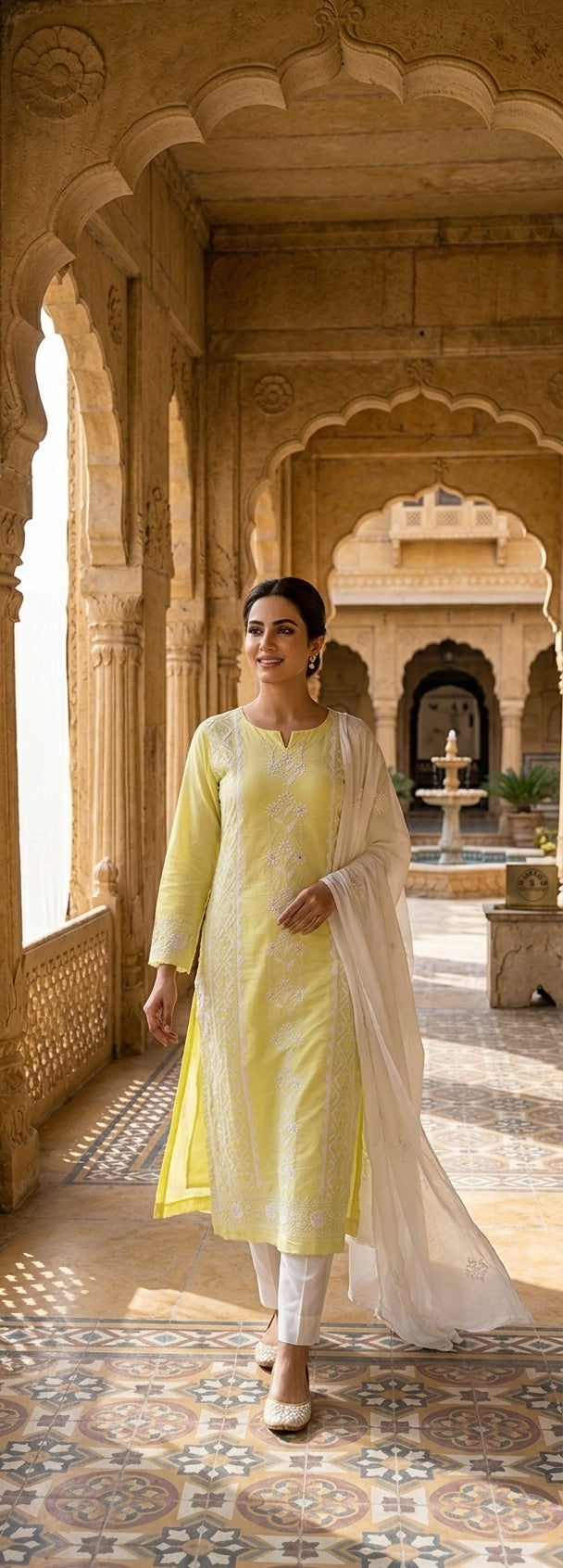 Lemon Yellow & White Floral Embroidered Suit