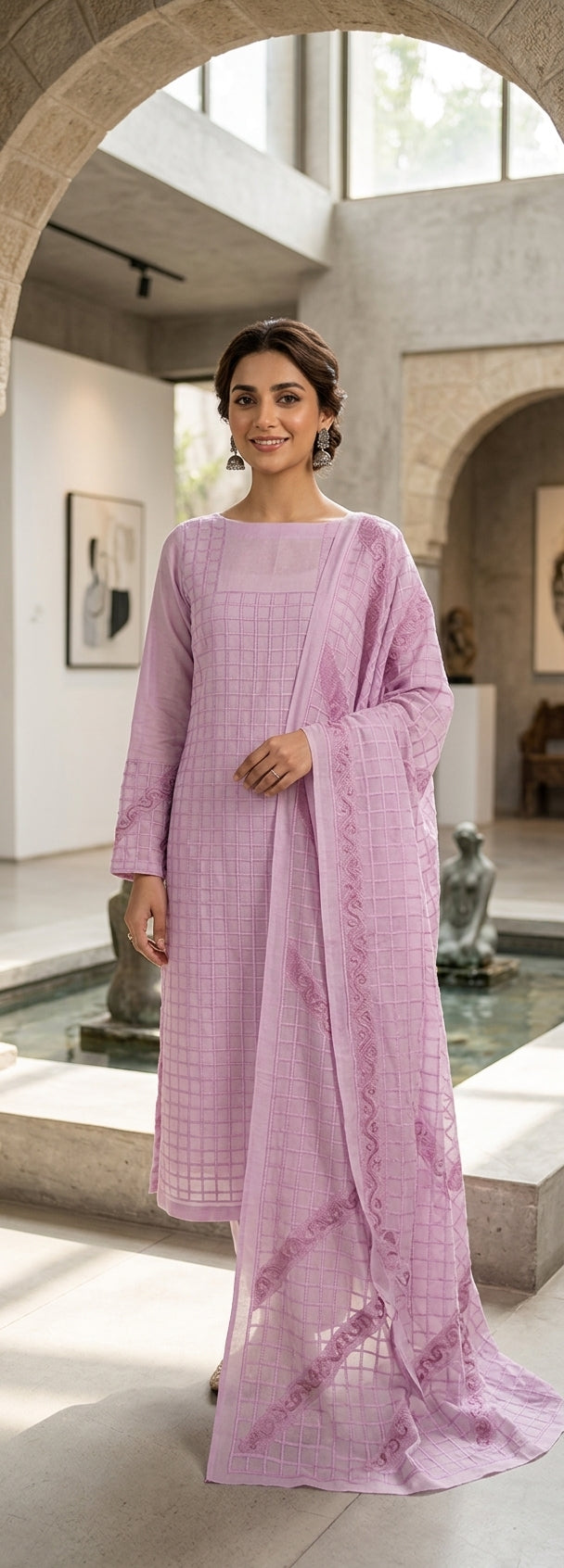 Lavender Grid-Textured Kurta Set with Embroidered Dupatta