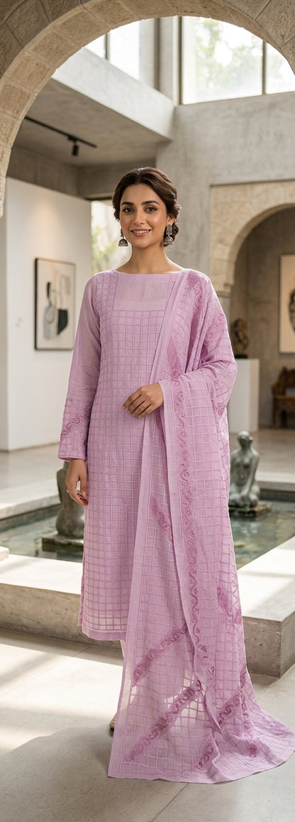 Lavender Grid-Textured Kurta Set with Embroidered Dupatta