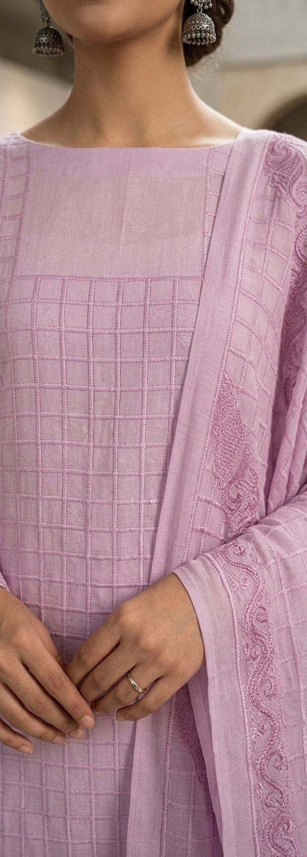 Lavender Grid-Textured Kurta Set with Embroidered Dupatta