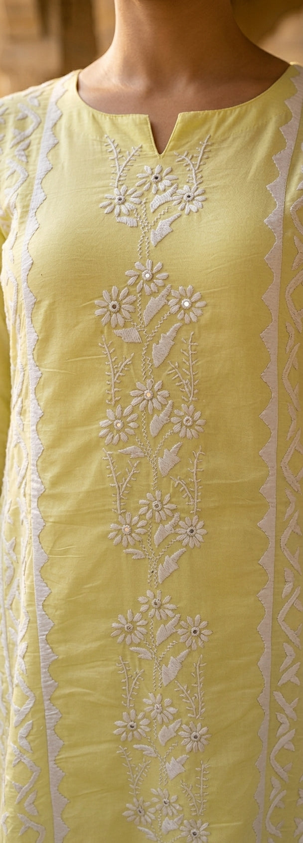 Lemon Yellow & White Floral Embroidered Suit