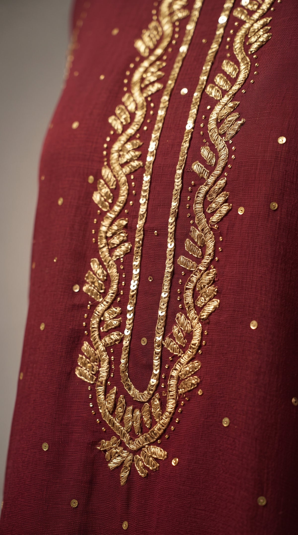 Deep Maroon Gold Hand-Embroidered Tilla Suit with Printed Dupatta for Women