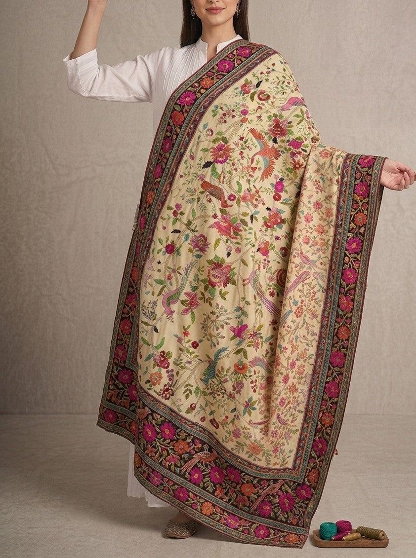 Handwoven Kashmiri Cream Pashmina Shawl – Garden of Paradise Bird & Floral Embroidery