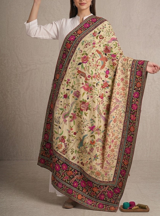 Handwoven Kashmiri Cream Pashmina Shawl – Garden of Paradise Bird & Floral Embroidery