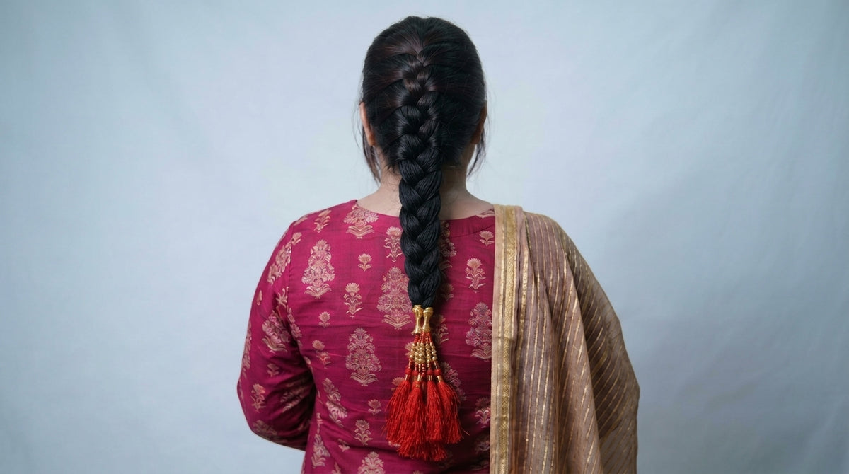 Premium Handcrafted Crimson Red & Gold Paranda – Traditional Punjabi Braid Extension with Silk Tassels