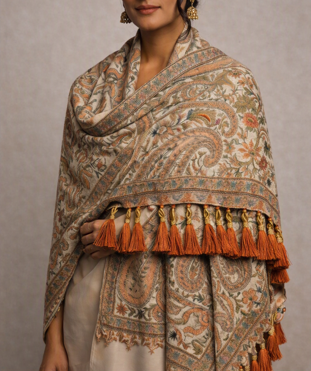Handwoven Kashmiri Paisley Silk Shawl - Rust Orange Embroidery & Pearls