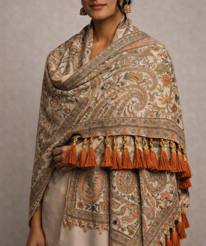 Handwoven Kashmiri Paisley Silk Shawl - Rust Orange Embroidery & Pearls