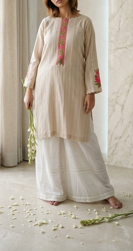 Soft Beige Self-Striped Lawn Kurti with Cross-Stitch Embroidered Placket & Sleeve Motifs