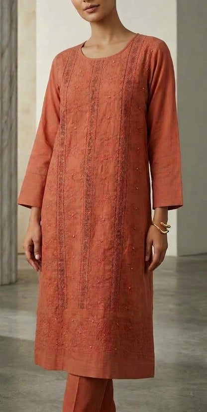 Terracotta Rust Lawn Kurti Set with Monochromatic Chikankari Embroidery & Crochet Lace Panels