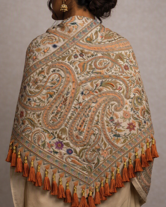 Handwoven Kashmiri Paisley Silk Shawl - Rust Orange Embroidery & Pearls