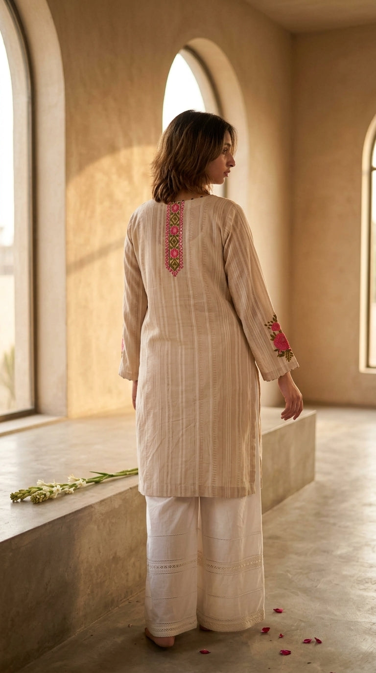 Soft Beige Self-Striped Lawn Kurti with Cross-Stitch Embroidered Placket & Sleeve Motifs