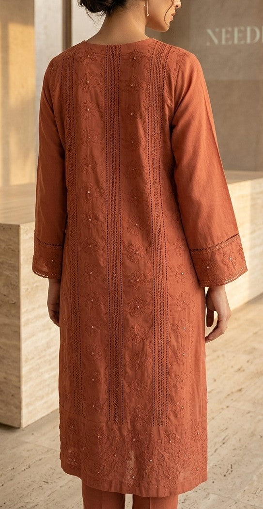 Terracotta Rust Lawn Kurti Set with Monochromatic Chikankari Embroidery & Crochet Lace Panels