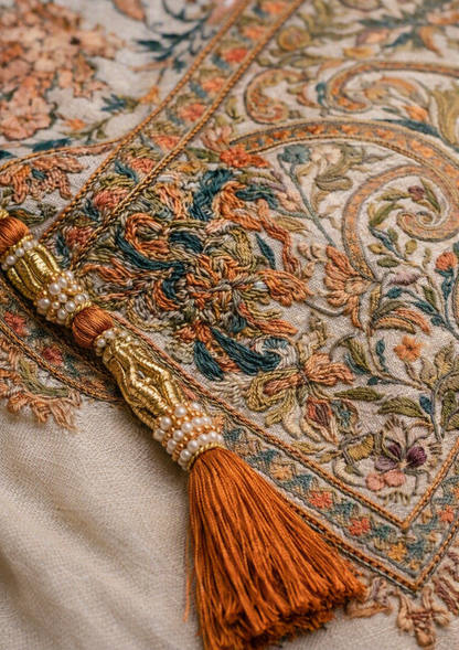 Handwoven Kashmiri Paisley Silk Shawl - Rust Orange Embroidery & Pearls