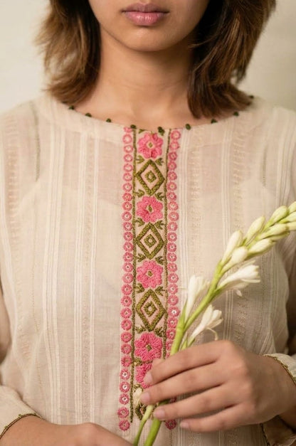 Soft Beige Self-Striped Lawn Kurti with Cross-Stitch Embroidered Placket & Sleeve Motifs