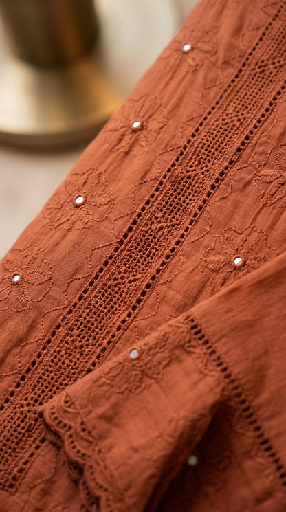 Terracotta Rust Lawn Kurti Set with Monochromatic Chikankari Embroidery & Crochet Lace Panels