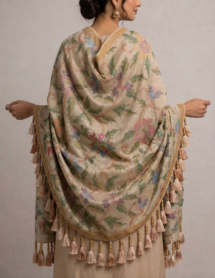 Handwoven Kashmiri Silk Shawl – Pastel Floral Embroidery & Gold Zari Details