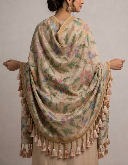 Handwoven Kashmiri Silk Shawl – Pastel Floral Embroidery & Gold Zari Details