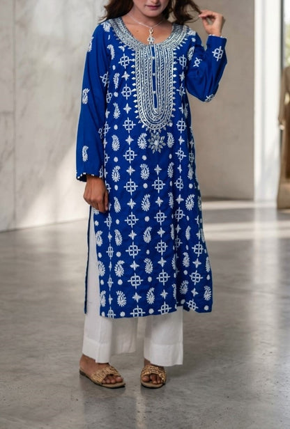 Royal Blue Lawn Cotton Kurti with White Kashmiri Embroidery & Mirror Neckline