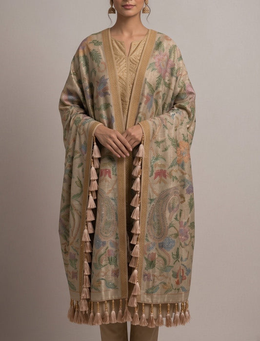Handwoven Kashmiri Silk Shawl – Pastel Floral Embroidery & Gold Zari Details