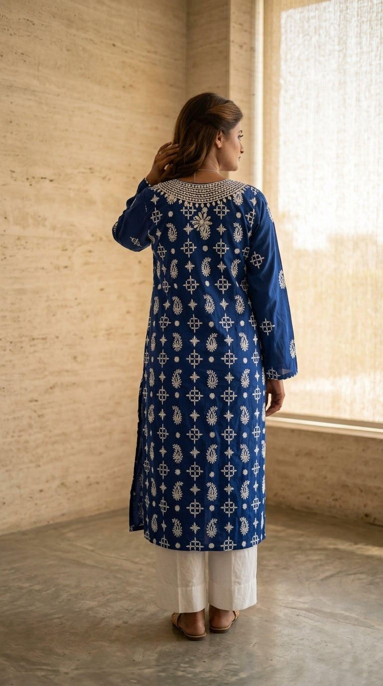 Royal Blue Lawn Cotton Kurti with White Kashmiri Embroidery & Mirror Neckline