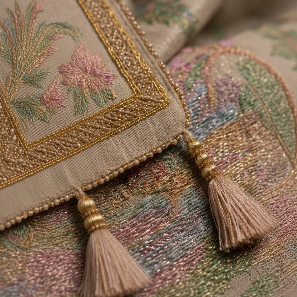 Handwoven Kashmiri Silk Shawl – Pastel Floral Embroidery & Gold Zari Details