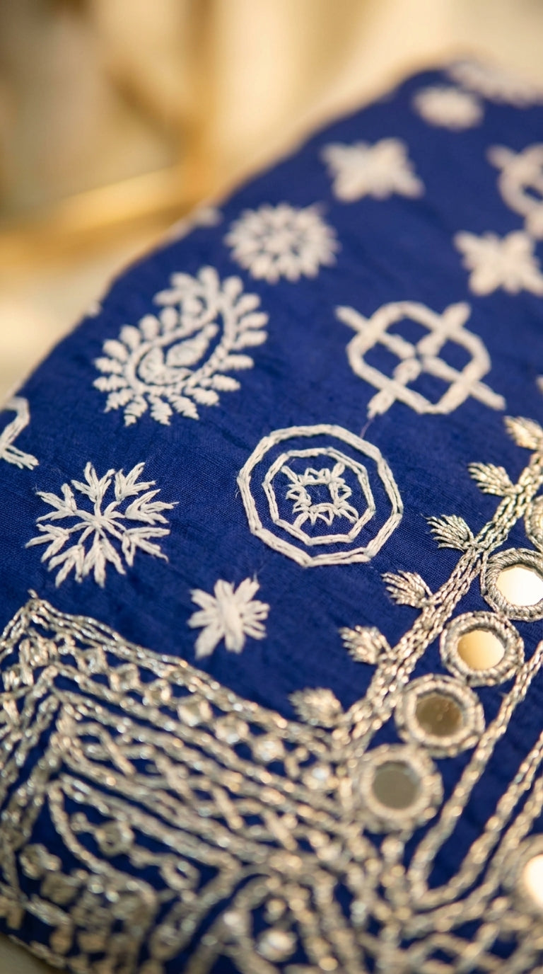 Royal Blue Lawn Cotton Kurti with White Kashmiri Embroidery & Mirror Neckline
