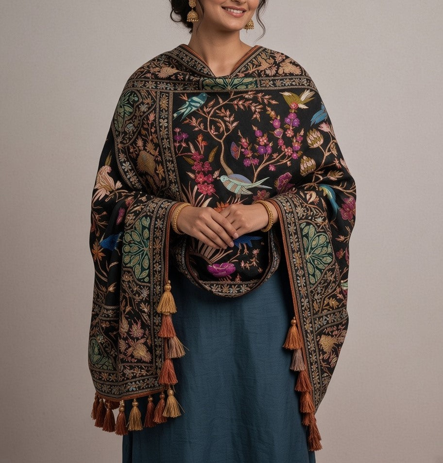 Black Kashmiri Silk Shawl – Multi-Color Botanical Design & Pearl Gold Tassels