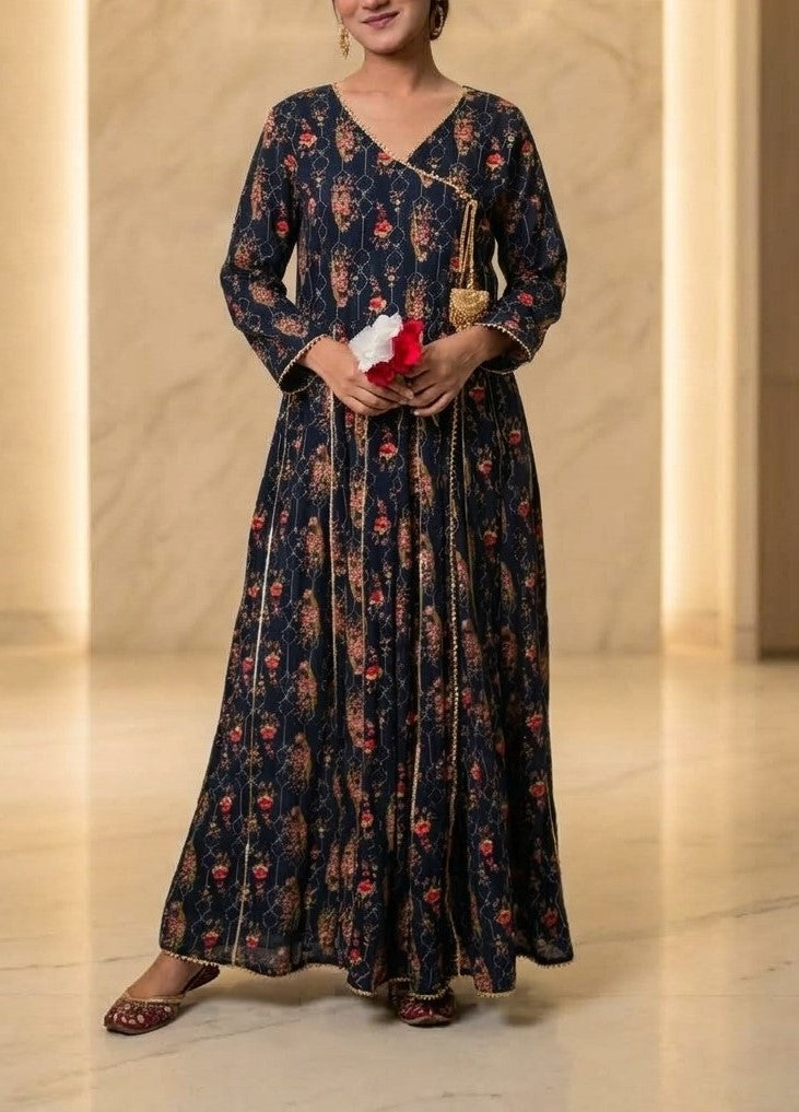 Midnight Navy Blue Printed Angrakha Kalidar Maxi Dress with Gold Gota Lacing & Tassels