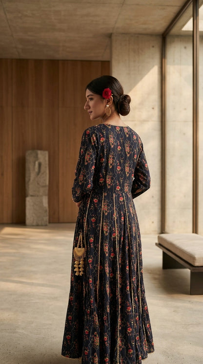 Midnight Navy Blue Printed Angrakha Kalidar Maxi Dress with Gold Gota Lacing & Tassels