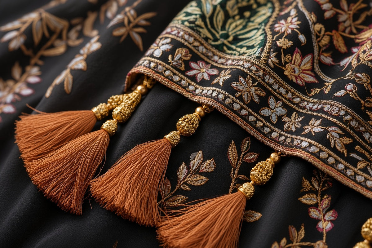 Black Kashmiri Silk Shawl – Multi-Color Botanical Design & Pearl Gold Tassels