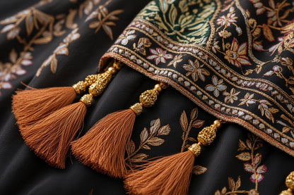 Black Kashmiri Silk Shawl – Multi-Color Botanical Design & Pearl Gold Tassels