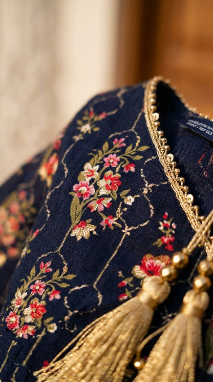 Midnight Navy Blue Printed Angrakha Kalidar Maxi Dress with Gold Gota Lacing & Tassels