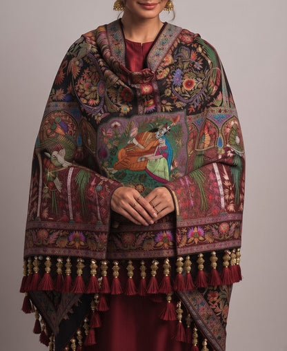 Maroon Kashmiri Silk Shawl – Artisan Figural Motif & Crimson Pearl Fringe