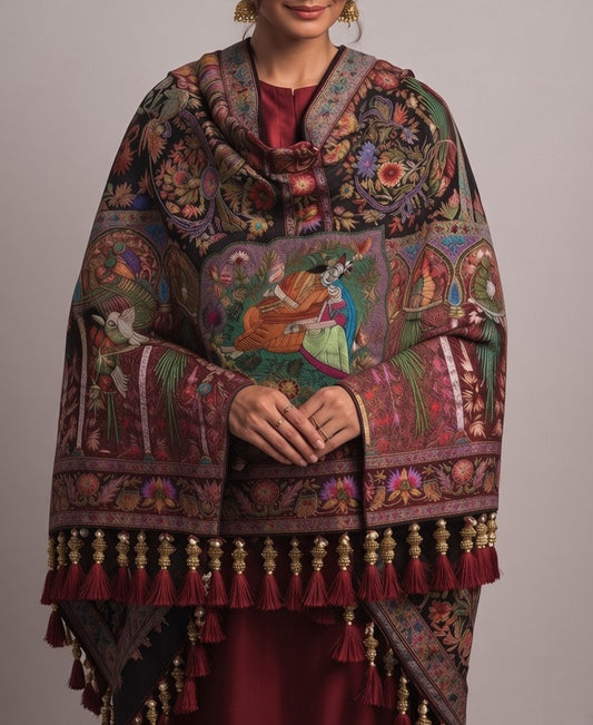 Maroon Kashmiri Silk Shawl – Artisan Figural Motif & Crimson Pearl Fringe
