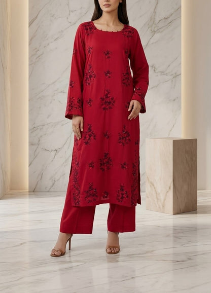 Crimson Red Cotton Linen Long Kurti with Monochromatic Floral Embroidery