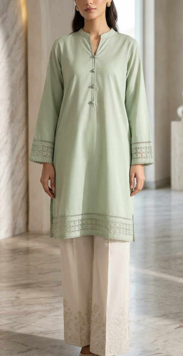 Sage Mint Green Lawn Kurti Set with Schiffli Cutwork & Pearl Button Placket