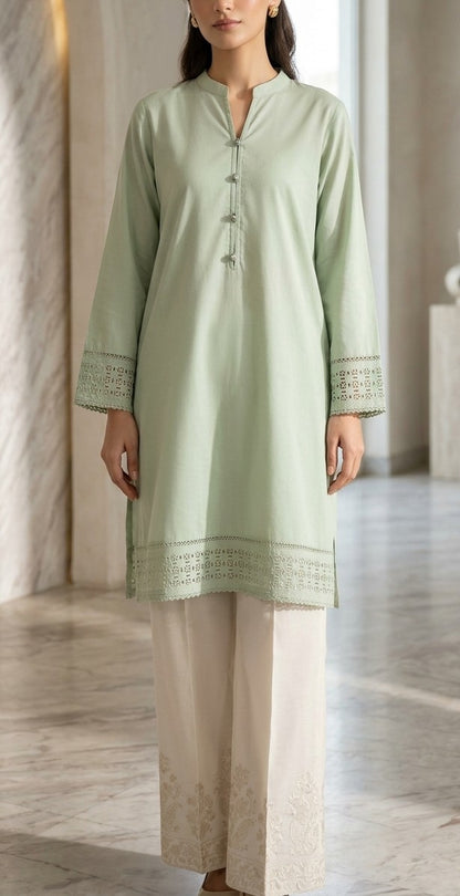 Sage Mint Green Lawn Kurti Set with Schiffli Cutwork & Pearl Button Placket