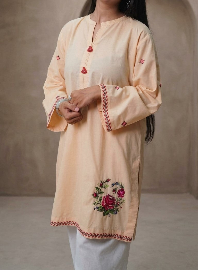 Soft Peach Lawn Cotton Kurti with Cross-Stitch Floral Rose Embroidery
