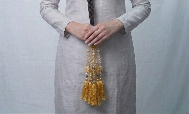 Premium Royal Golden Pearl & Beaded Paranda – Handcrafted Ethnic Hair Accessory with Silk Tassels
